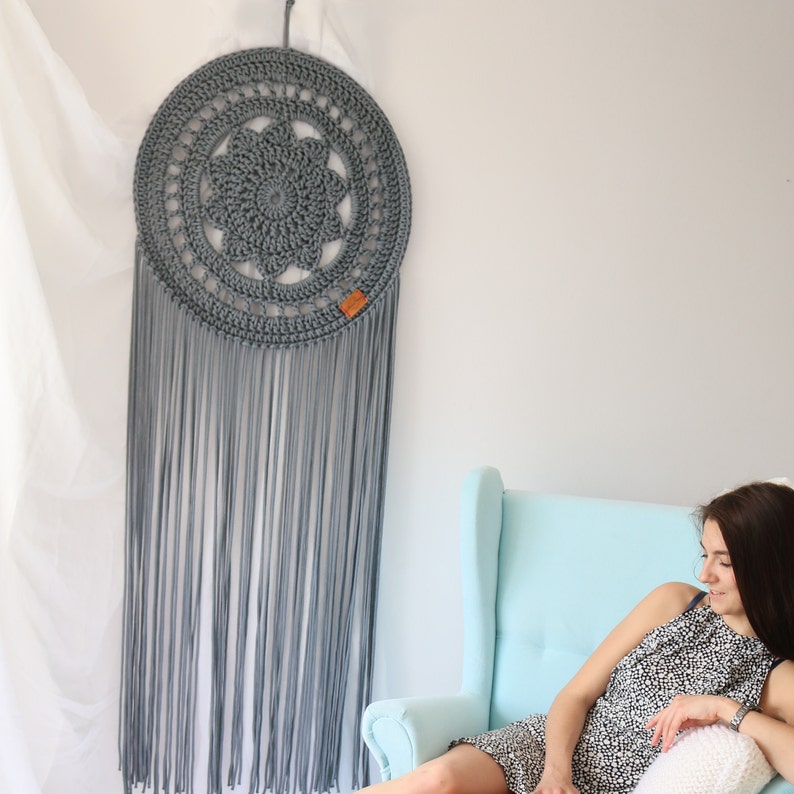 Mother's Day gift, for birthday, Big Cozy Texture Modern Handmade Extra Long Dark Grey Large Dreamcatcher, Photo prop wall hanging image 3
