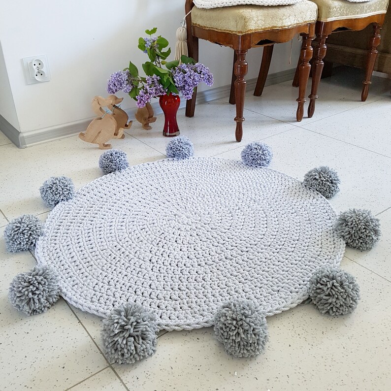Play mat Sweet Pom pom round grey rug mat bohemian crochet Etsy