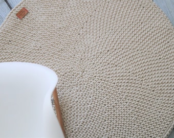 Crochet fait main, décor lin minimaliste naturel naturel, coton beige, tapis beige | Tapis rond moderne crème | Tapis de chambre d'enfant| Tapis en coton lavable|