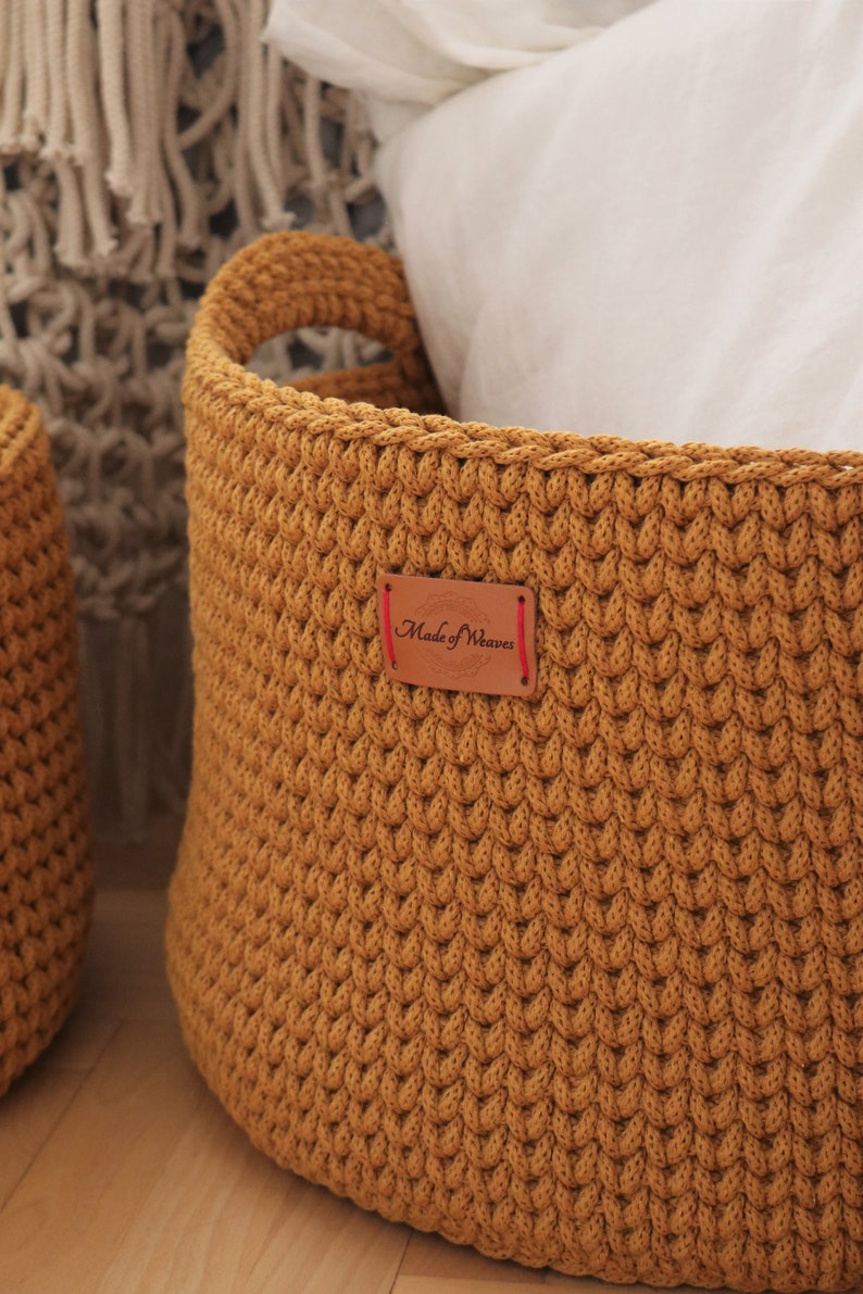 Handmade Crochet Natural Decor Honey Mustard Yellow Cotton Round Standing Basket with handles/ Crochet Organizer/ Storage Basket image 5