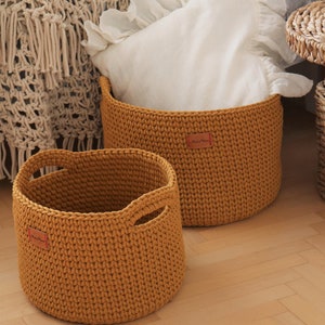 Handmade Crochet Natural Decor Honey Mustard Yellow Cotton Round Standing Basket with handles/ Crochet Organizer/ Storage Basket image 1