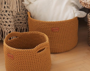 Handmade Crochet Natural Decor Honey Mustard Yellow Cotton Round Standing Basket with handles/ Crochet Organizer/ Storage Basket