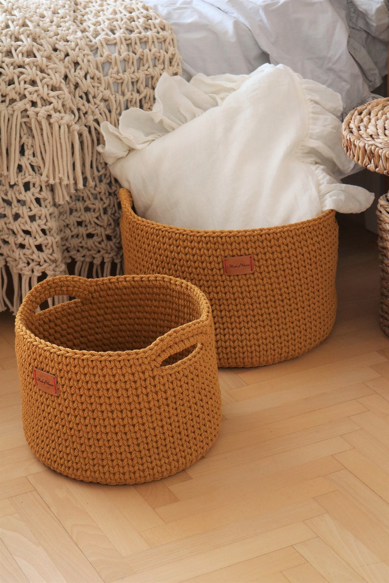 Handmade Crochet Natural Decor Honey Mustard Yellow Cotton Round Standing Basket with handles/ Crochet Organizer/ Storage Basket image 1