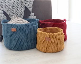 Panier sur pied fait main moyen grand petit bleu jaune rouge en coton avec poignées paniers de rangement panier de rangement au crochet