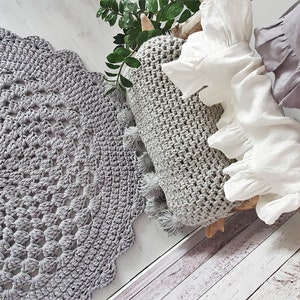 Handmade Crochet Natural Decor Nursery Bedroom Rug, Boho Cozy Texture Round Neutral Gray rug, hippie shabby teppich rund floor houseware image 2