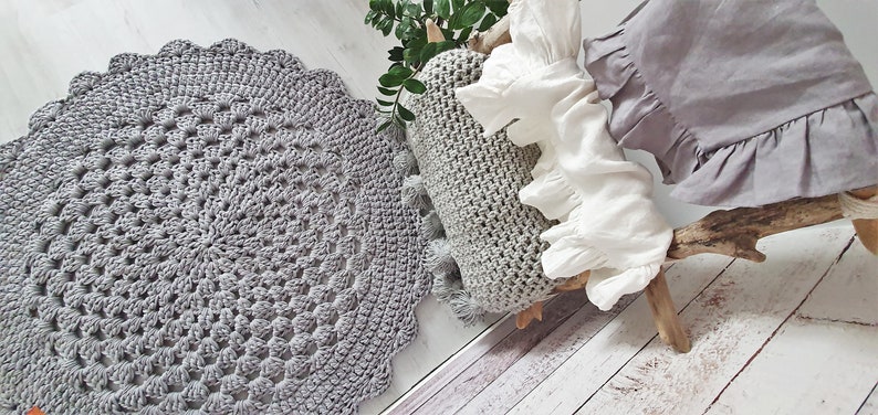 Handmade Crochet Natural Decor Nursery Bedroom Rug, Boho Cozy Texture Round Neutral Gray rug, hippie shabby teppich rund floor houseware image 2