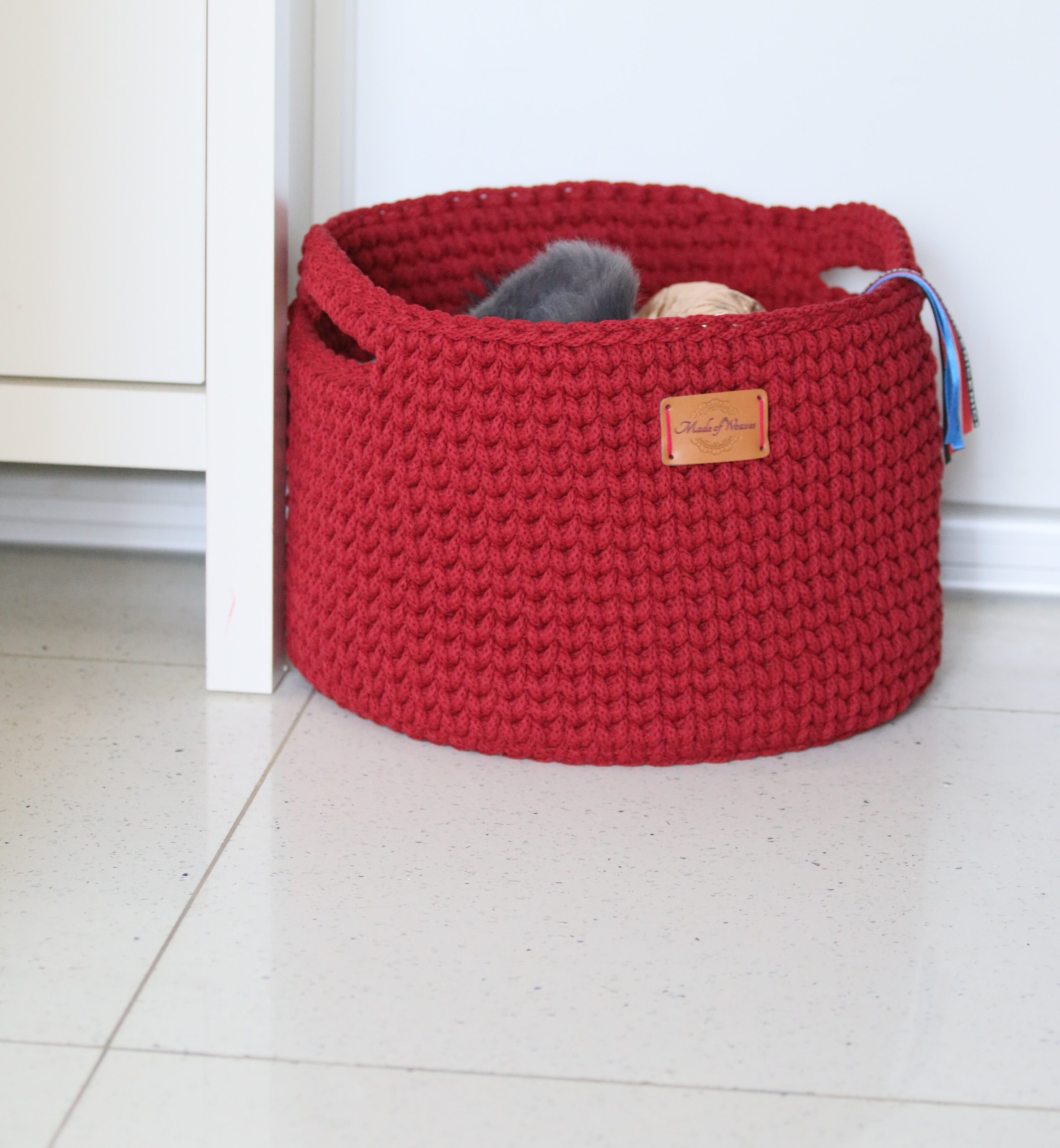 Crochet Medium Large Red Cotton Standing Basket With Handles