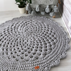 Handmade Crochet Natural Decor Nursery Bedroom Rug, Boho Cozy Texture Round Neutral Gray rug, hippie shabby teppich rund floor houseware image 6