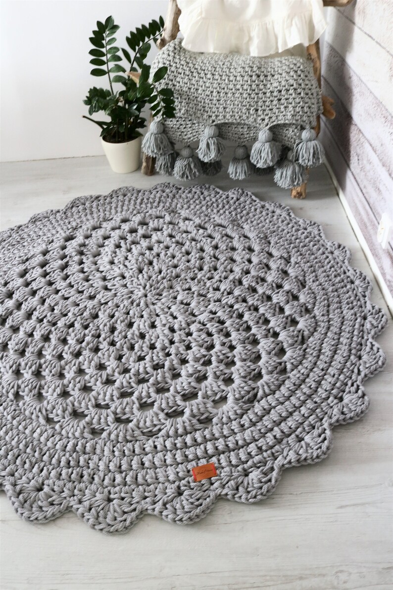 Handmade Crochet Natural Decor Nursery Bedroom Rug, Boho Cozy Texture Round Neutral Gray rug, hippie shabby teppich rund floor houseware image 6