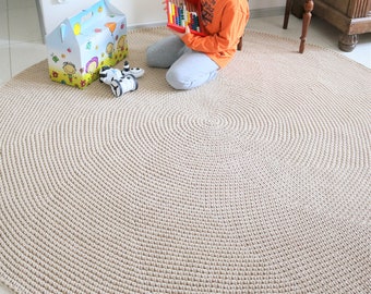 Handmade Beige Round Simple Modern Nursery Crochet Rug, Washable Natural Cotton Rug, Round area rug, Modern kids floor mats