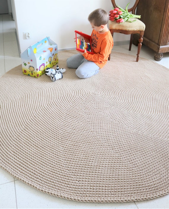 Handmade Beige Round Simple Modern Nursery Crochet Rug, Washable Natural  Cotton Rug, Round Area Rug, Modern Kids Floor Mats 