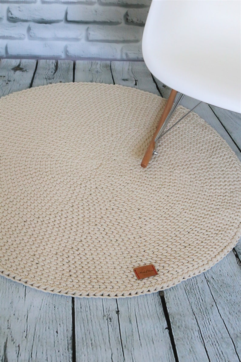 Handwoven Natural Cotton Rug Cream Round Simple Modern Rug Nursery Crochet Rug Washable Cotton Rug Round area rug Modern kids floor mat image 5