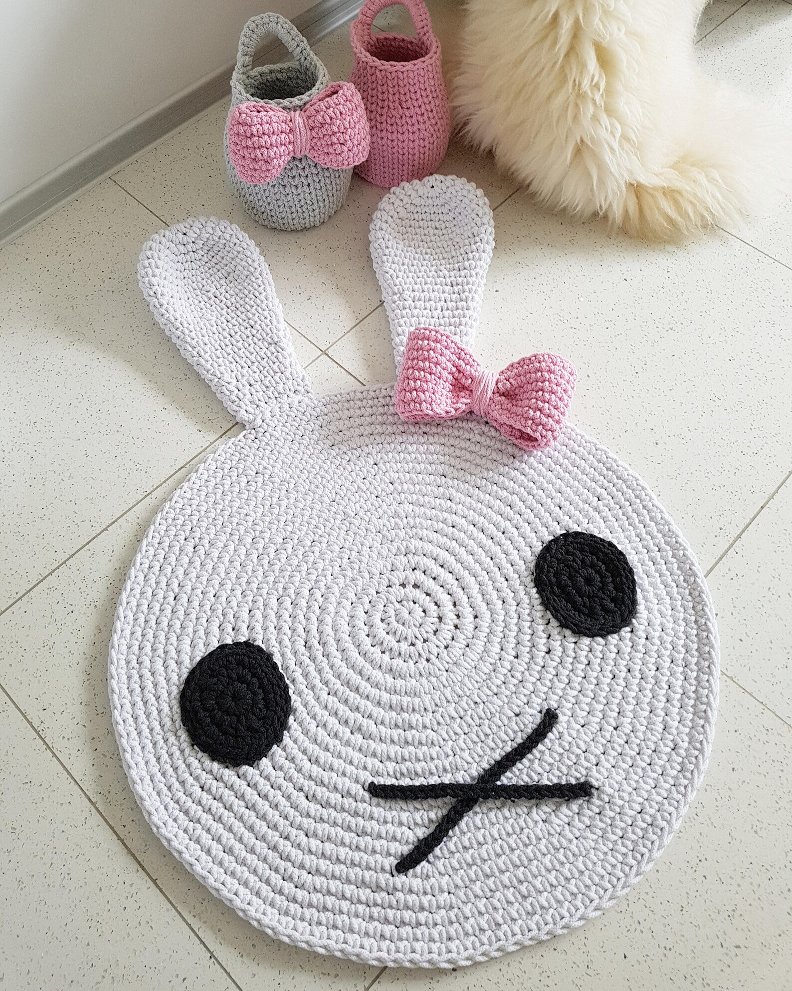 Handmade Funny Bunny White Round Nursery Crochet Rug Washable Etsy