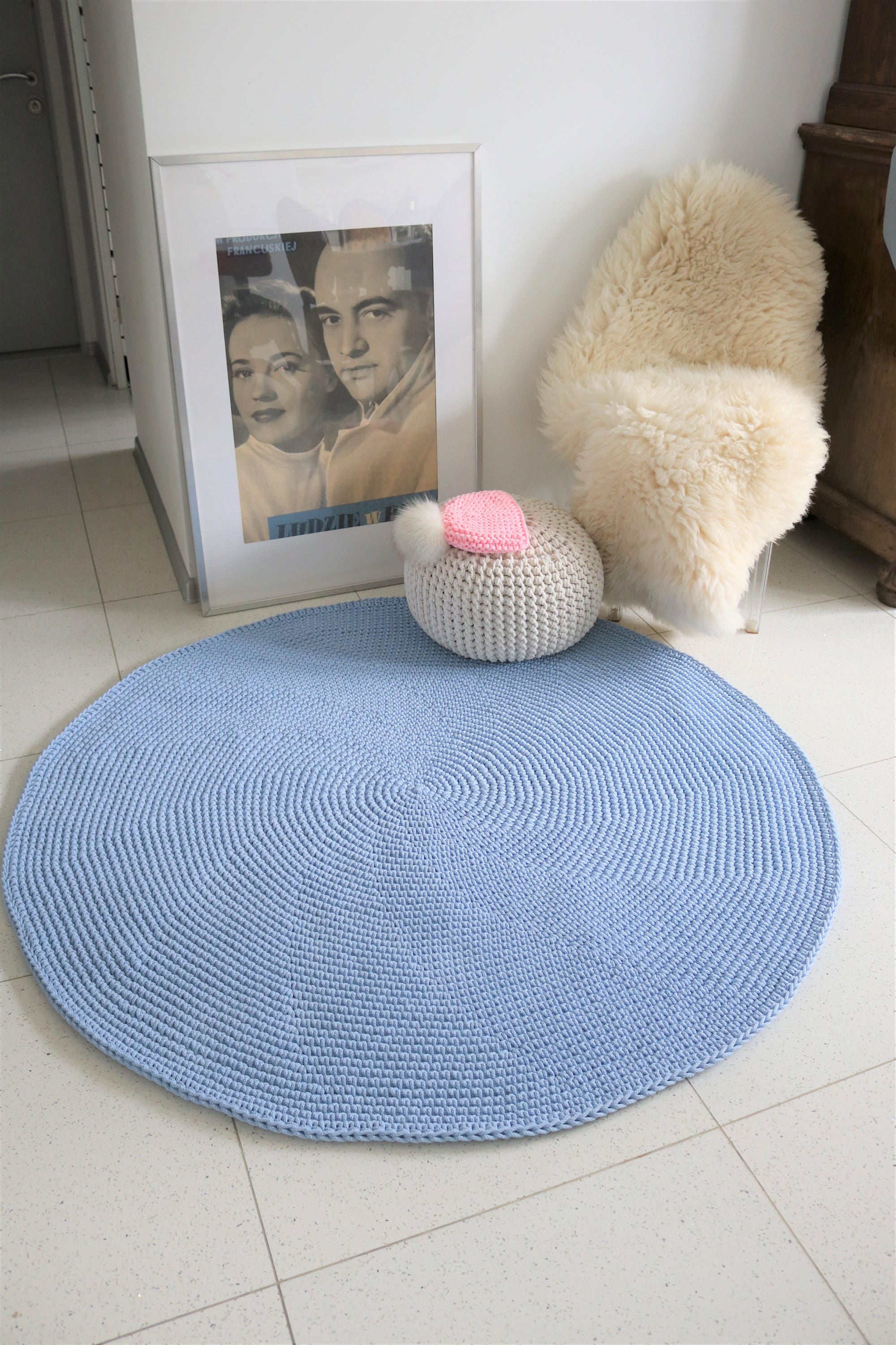 Simple Blue Small Rug Handmade Blue Round Simple Modern Nursery Crochet Rug | Etsy