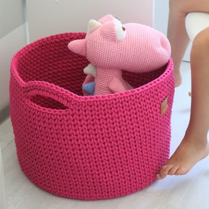 Handmade Medium Large Fuchsia Cotton Standing Basket with handles for Nursery/ Basket/Baskets/ Crochet Organizer/ Storage Basket image 1