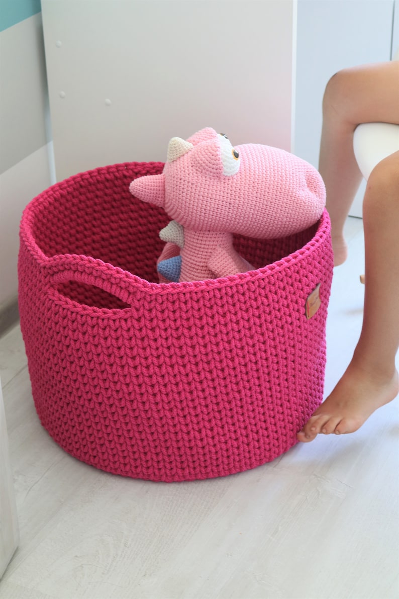 Handmade Medium Large Fuchsia Cotton Standing Basket with handles for Nursery/ Basket/Baskets/ Crochet Organizer/ Storage Basket image 1