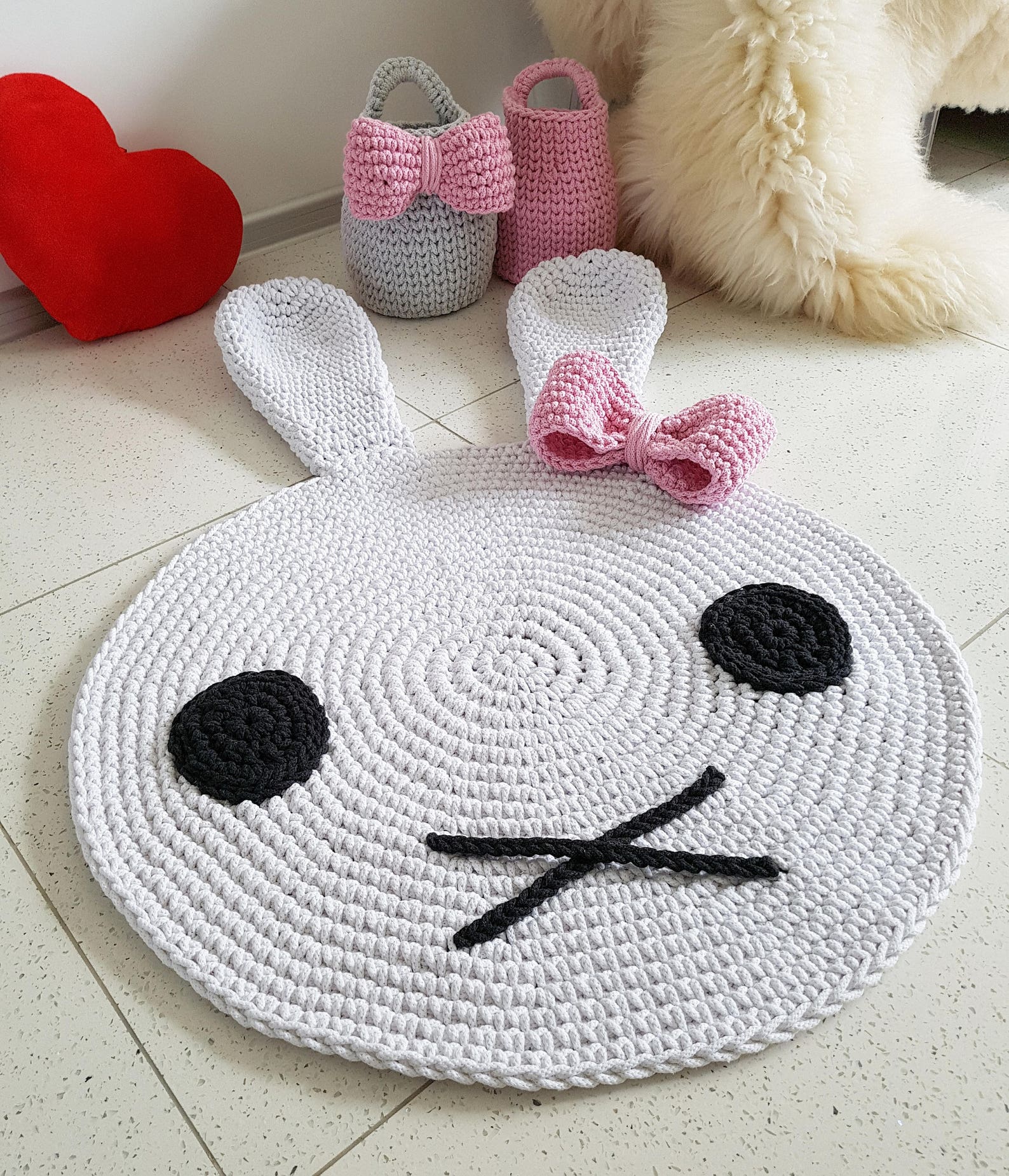 Handmade Funny Bunny White Round Nursery Crochet Rug Washable Etsy