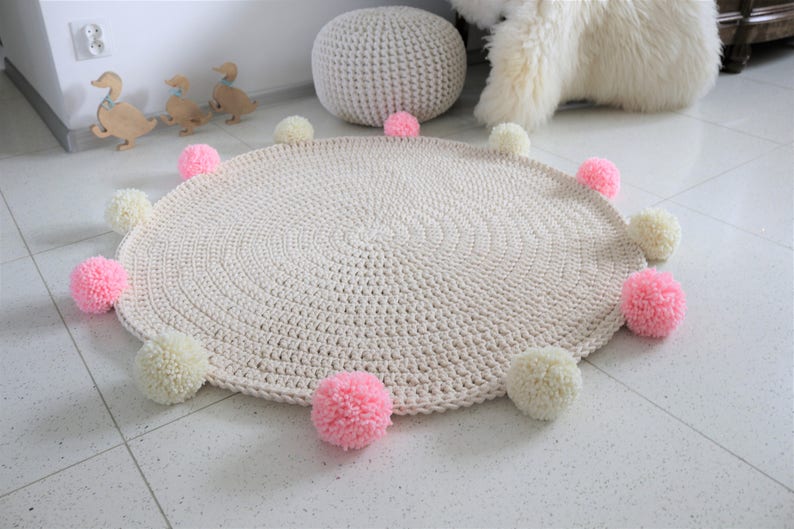 Play Mat Pom Pom Round Ecru Pink Rug Mat Bohemian Crochet Etsy Play Mat Pom Pom Round Ecru Pink Rug Mat Bohemian Crochet Etsy