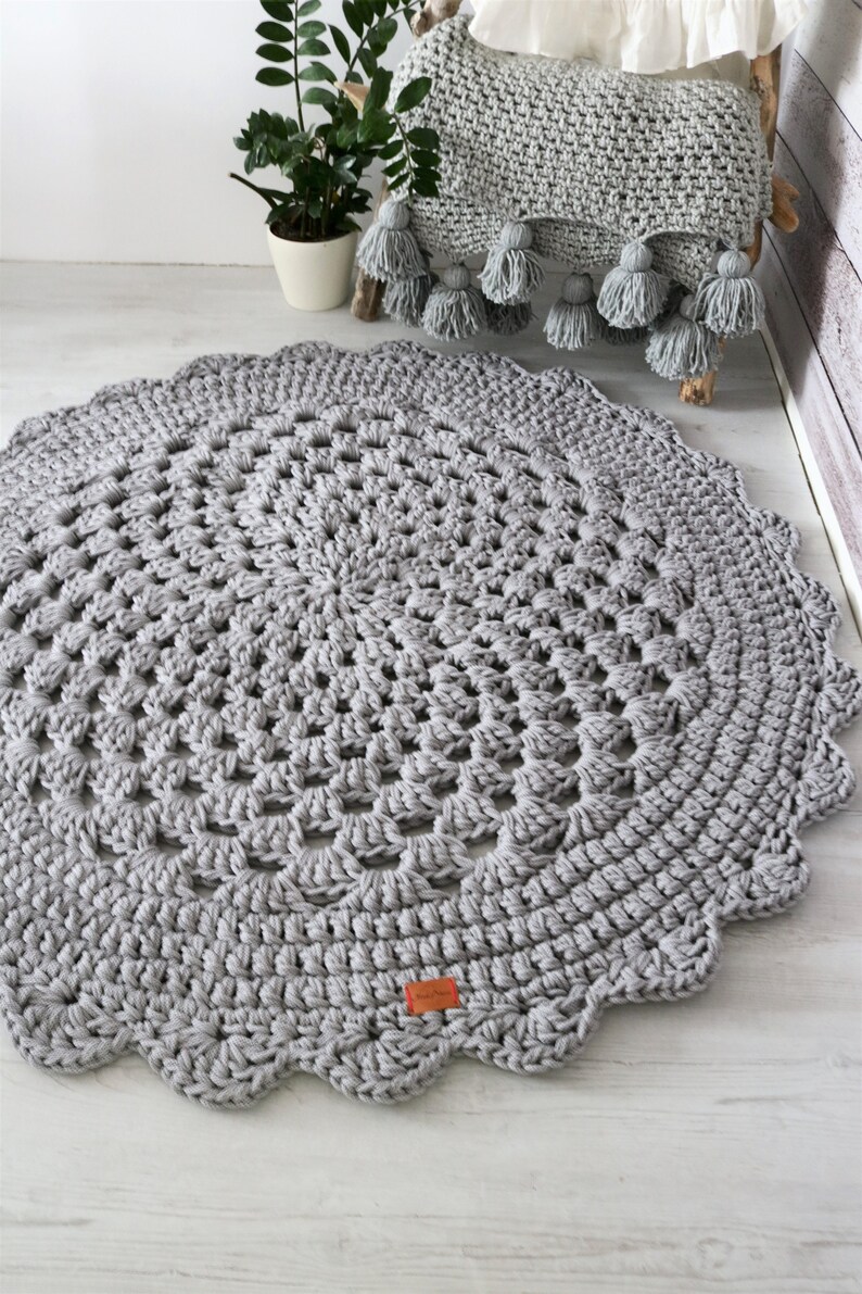 Handmade Crochet Natural Decor Nursery Bedroom Rug, Boho Cozy Texture Round Neutral Gray rug, hippie shabby teppich rund floor houseware image 7