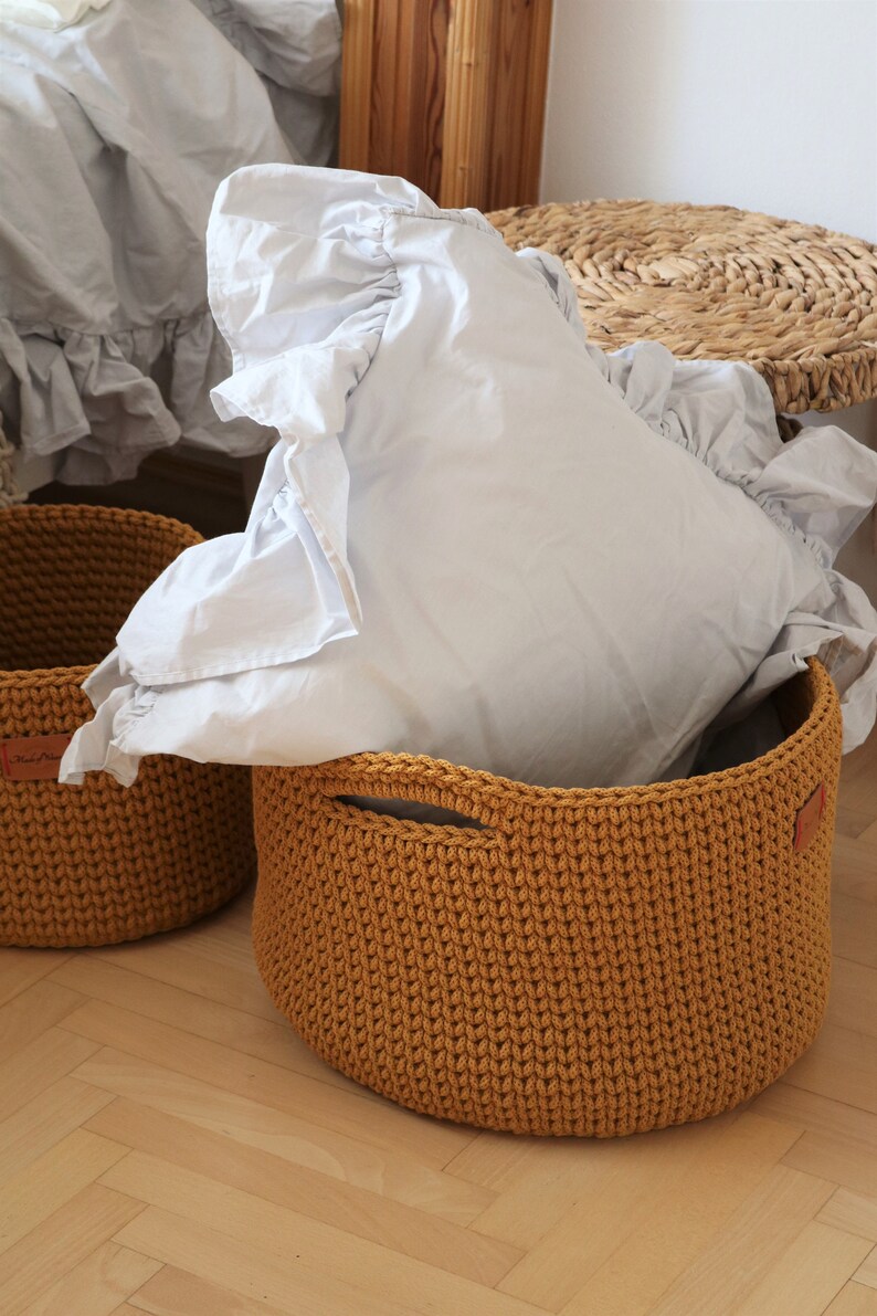 Handmade Crochet Natural Decor Honey Mustard Yellow Cotton Round Standing Basket with handles/ Crochet Organizer/ Storage Basket image 8