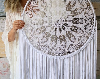 Sale Mother's Day gift Wedding Decor, White Dream Catcher, Round Dreamcatcher, Pastel Decor Dream Catcher, Wall Hanging, White Photo Props