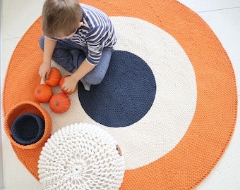 Handmade Chunky Multicolour Round Simple Modern Nursery Crochet Rug, Washable Natural Cotton Rug, Round area rug, Modern kids floor mats