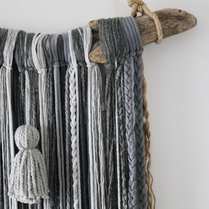 Mother's Day gift Macrame Wall Hanging Driftwood Natural Gray Minimalist Drift Wood Fiber Art Long Boho Living Room Wall Mount Macrame image 7