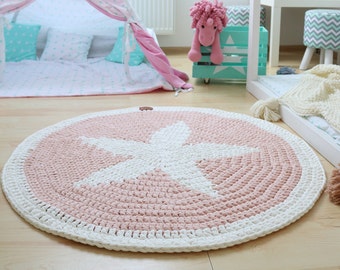 Sweet light pink star round rug, Stars rug Round area rug Nursery Rugs Skandinavische Teppich rund modern enfant Large Crochet floor Rug