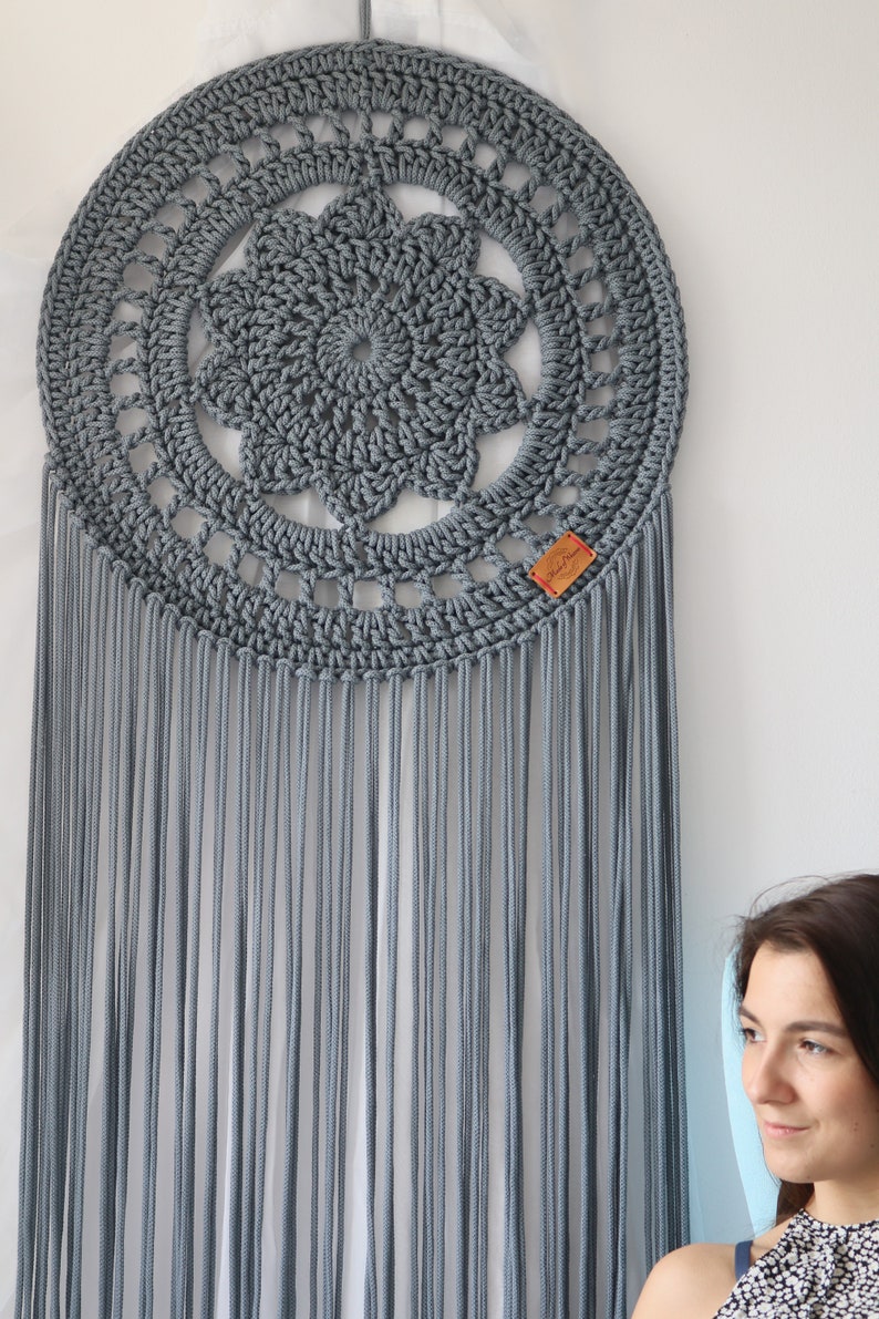 Mother's Day gift, for birthday, Big Cozy Texture Modern Handmade Extra Long Dark Grey Large Dreamcatcher, Photo prop wall hanging image 4