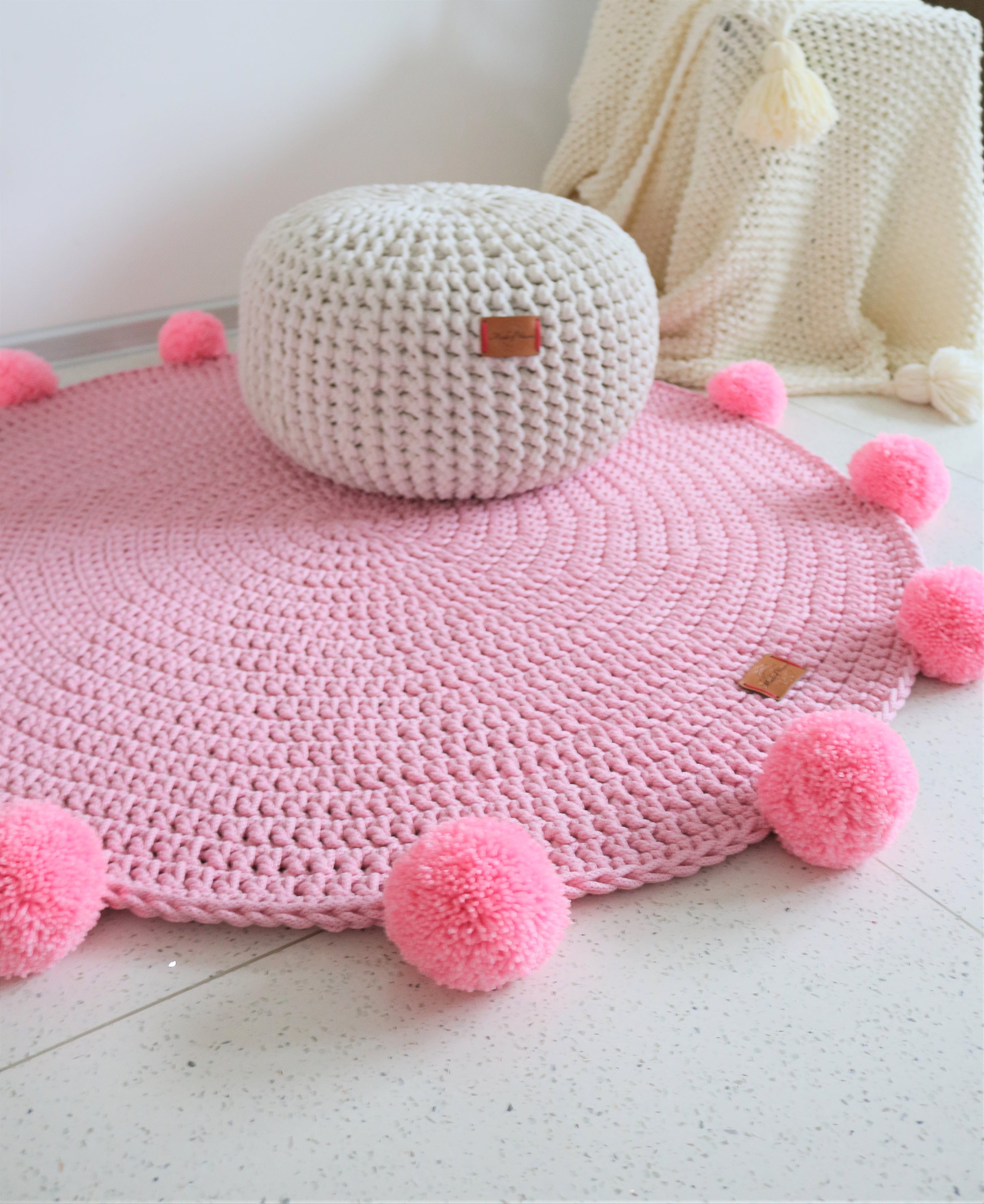 Tapis de Jeu Pom Pom Rond Tapis Rose, Mat Boho Crochet Vintage Coloré Bebe Teppich Hippie Houseware 