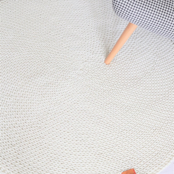 Fait main, épais rond crème pour chambre d'enfant au crochet, tapis rond lavable en coton naturel, tapis de sol rond pour enfants, tapis neutres pour enfants, tapis scandinave