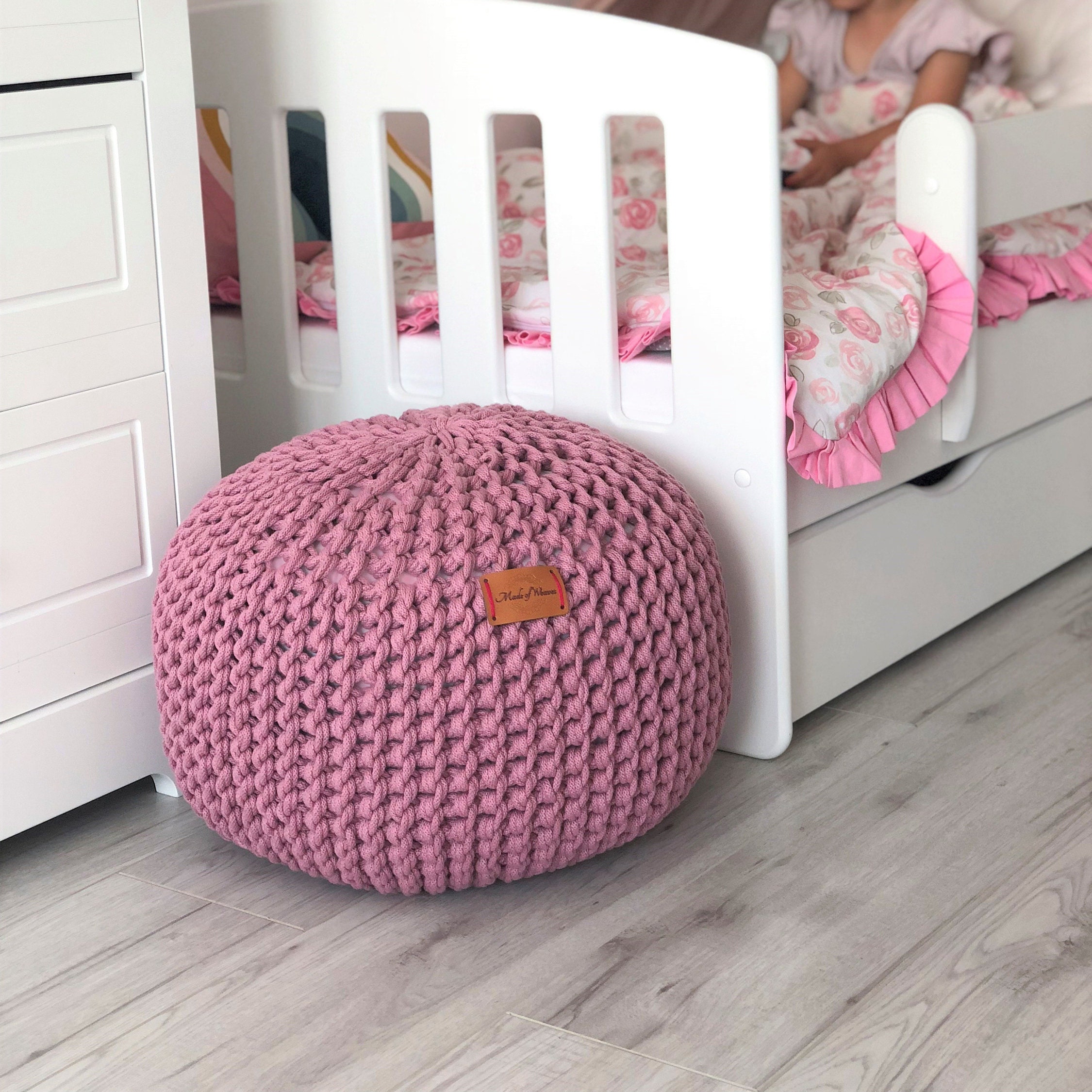 Chunky Tricoté à La Main Dusty Pink Footstool Pouf Ottoman