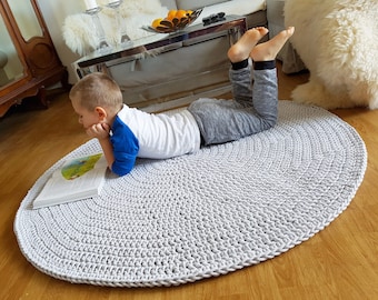 Handmade Cozy Texture Large Round Crochet Rug, Gray Round Rug, Washable Cotton Rug, Natural Carpet Cotton Cord Rug, Doily Rug, Modern Rug