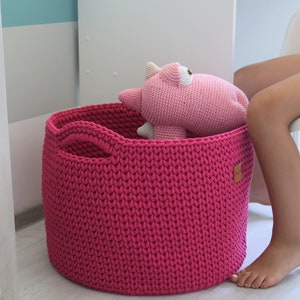 Handmade Medium Large Fuchsia Cotton Standing Basket with handles for Nursery/ Basket/Baskets/ Crochet Organizer/ Storage Basket image 4