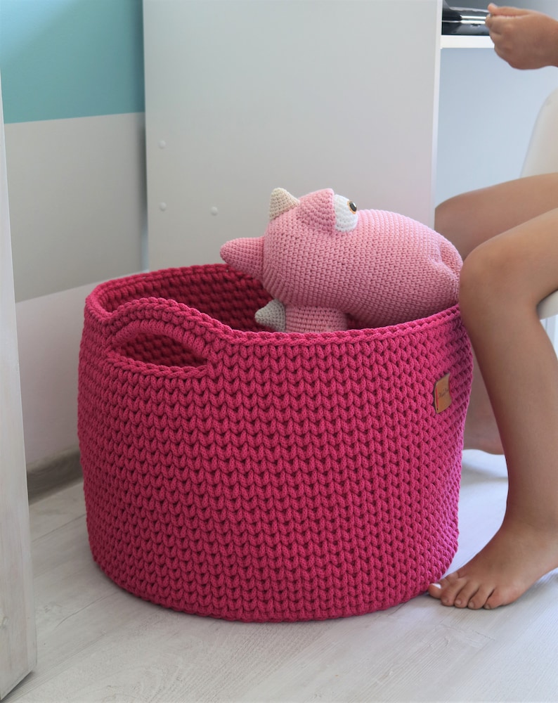 Handmade Medium Large Fuchsia Cotton Standing Basket with handles for Nursery/ Basket/Baskets/ Crochet Organizer/ Storage Basket image 4