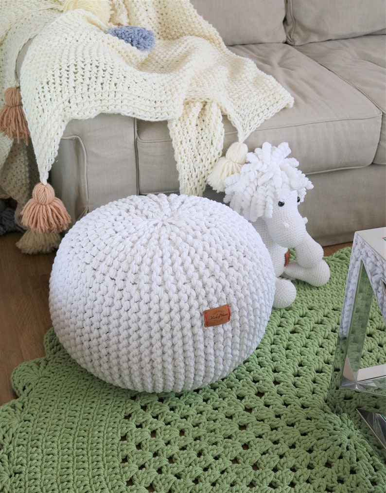 Chunky double cord/ white pouf/ chunky knitted pouf knit pouf Etsy
