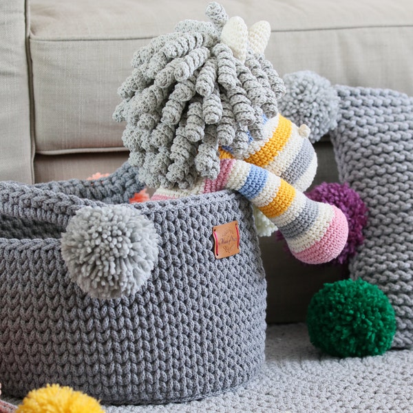 Handmade Gray Cotton Standing Rainbow Pom Pom Basket with handles/ Basket/Baskets/ Crochet Organizer/ Storage Basket