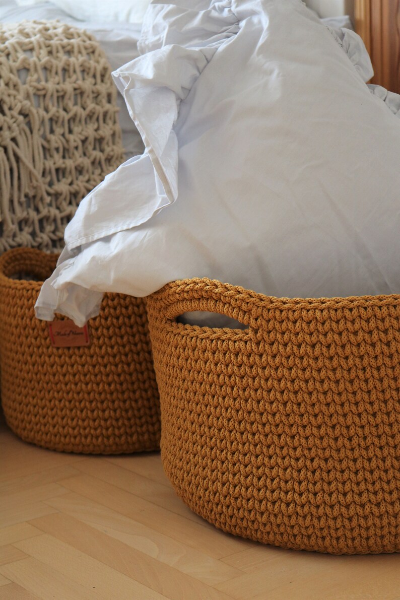 Handmade Crochet Natural Decor Honey Mustard Yellow Cotton Round Standing Basket with handles/ Crochet Organizer/ Storage Basket image 7