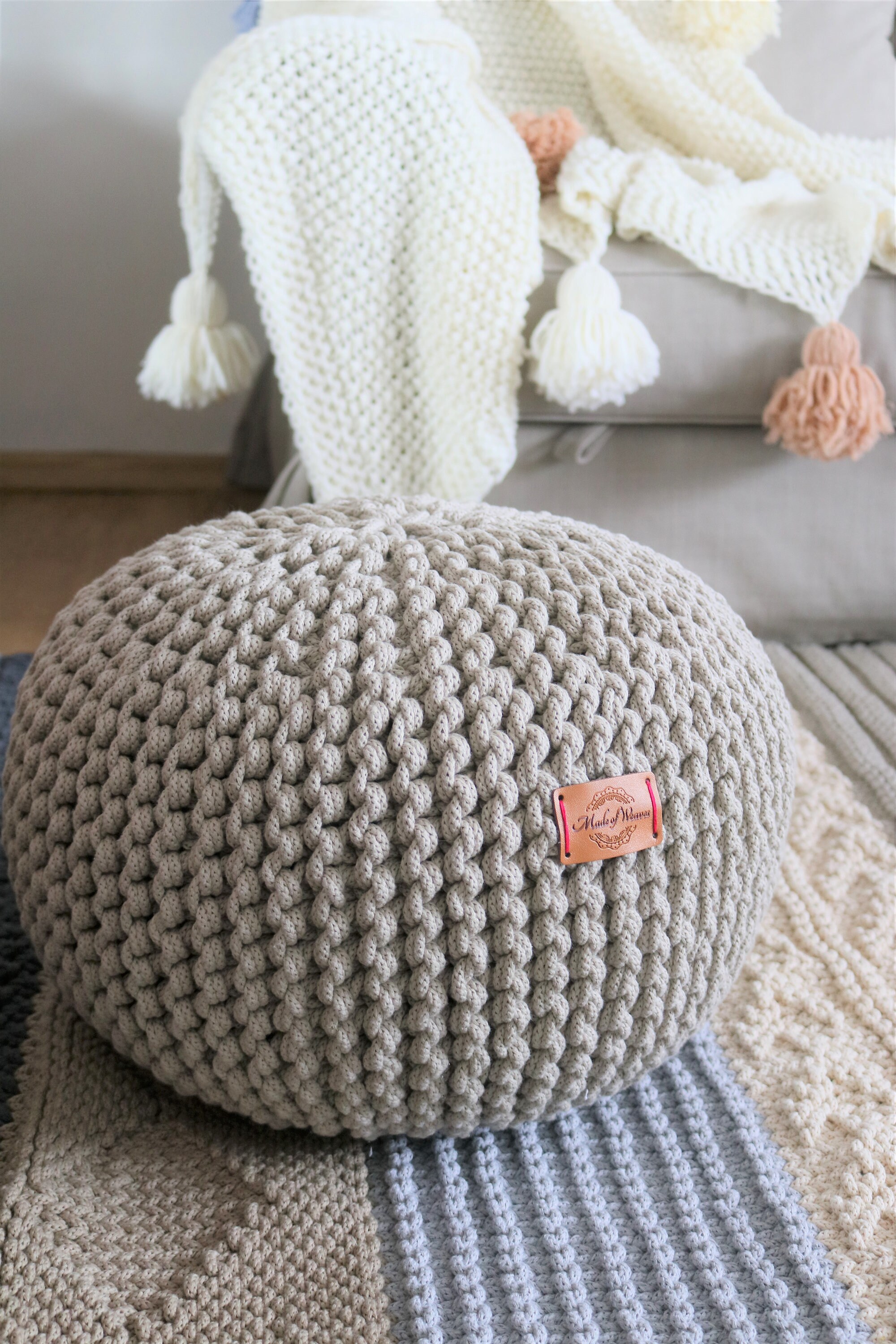 Beige Knitted Pouf Chunky Knit Pouffe Round Knit Pouf Knit Poof