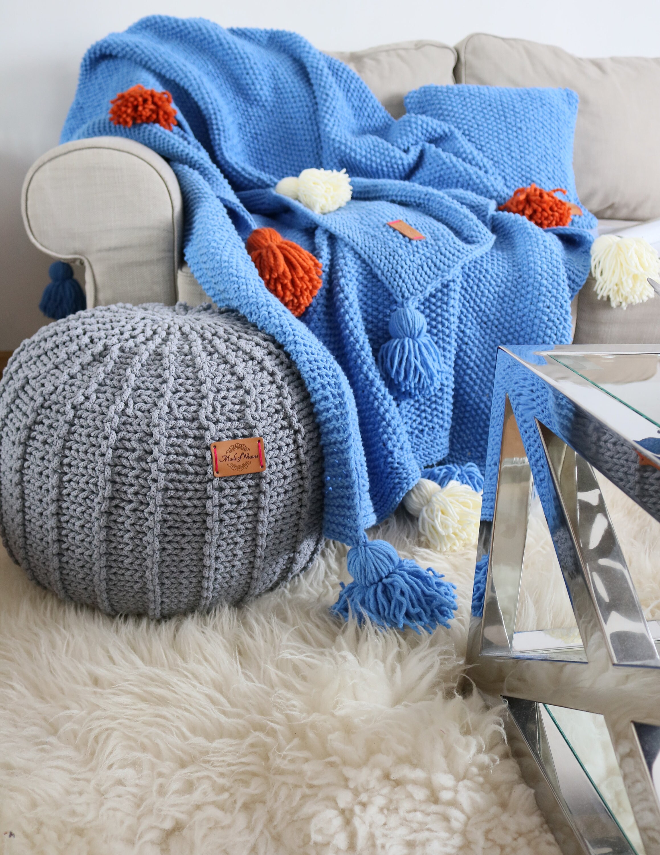 Décor Scandinave, Tabouret de Pouf Tricoté, Pouf Ottoman Au Crochet, Tricoté Gris, Tricoté Ottoman,
