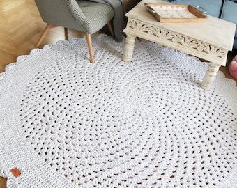 Tapis au crochet personnalisé bohème rond blanc pastel, décoration neutre minimaliste, décoration d'intérieur, tapis en coton, napperon, carpeshop, tapis