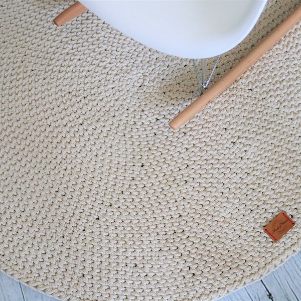 Handwoven Natural Cotton Rug| Cream Round Simple Modern Rug| Nursery Crochet Rug| Washable Cotton Rug| Round area rug| Modern kids floor mat