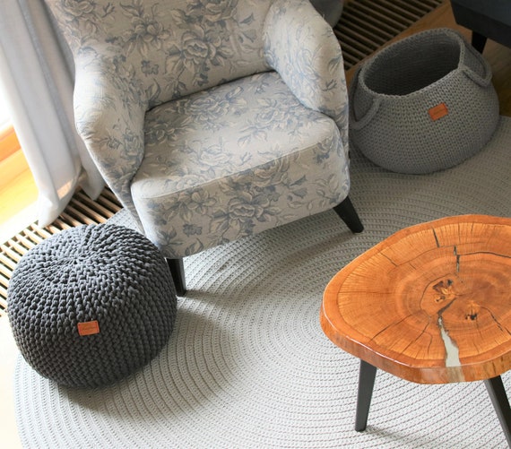 Handmade Knitted Dark Grey Footstool Pouf Ottoman Nursery Decor