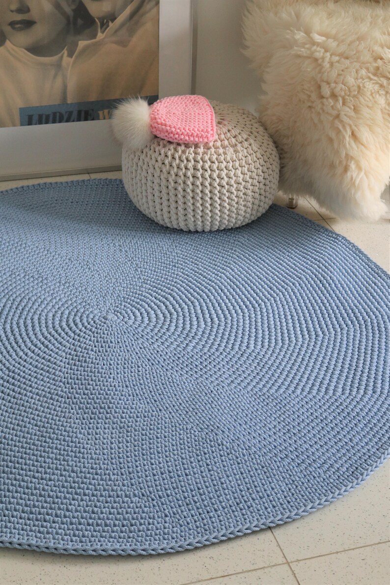 Handmade Blue Round Simple Modern Nursery Crochet Rug - Etsy