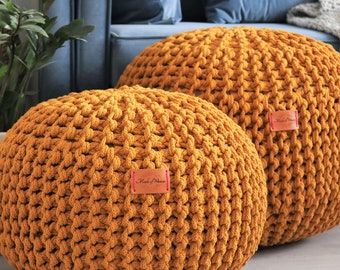 Chunky Cotton Mustard Yellow Knitted pouf, knit pouffe, round knit pouf, knit poof, knitted pouf poof, ottoman pouf poof, big knit pouffe