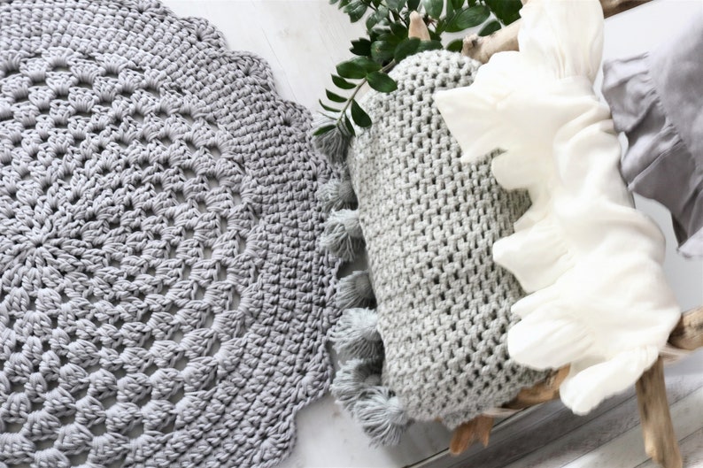 Handmade Crochet Natural Decor Nursery Bedroom Rug, Boho Cozy Texture Round Neutral Gray rug, hippie shabby teppich rund floor houseware image 3