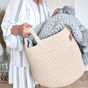 Gift for Mom Big Handmade Crochet Cream Beige Neutral Natural Decor Cotton Standing Basket with handles Crochet Organizer Storage Basket