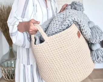 Cadeau pour maman Grand panier sur pied en coton fait main au crochet beige crème neutre neutre décor naturel avec poignées panier de rangement au crochet