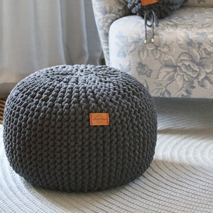 Handmade Knitted Dark Grey Footstool Pouf Ottoman, Nursery decor, POUFFE scandinavian, Footstool, 58 colours, Knit pouf, Christmas gift