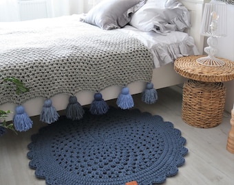 Bohème au crochet fait main, décoration naturelle, coton, tapis rond naturel bleu pétrole, tapis en coton, tapis lavable, tapis cordon de coton, napperon